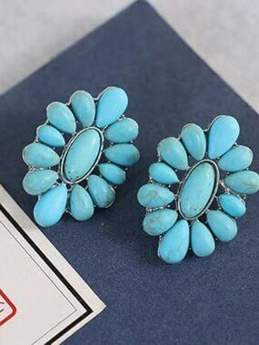 New Boho Turquoise Oval Drop Dangle Earrings Beaded Western Flower Teardrop
